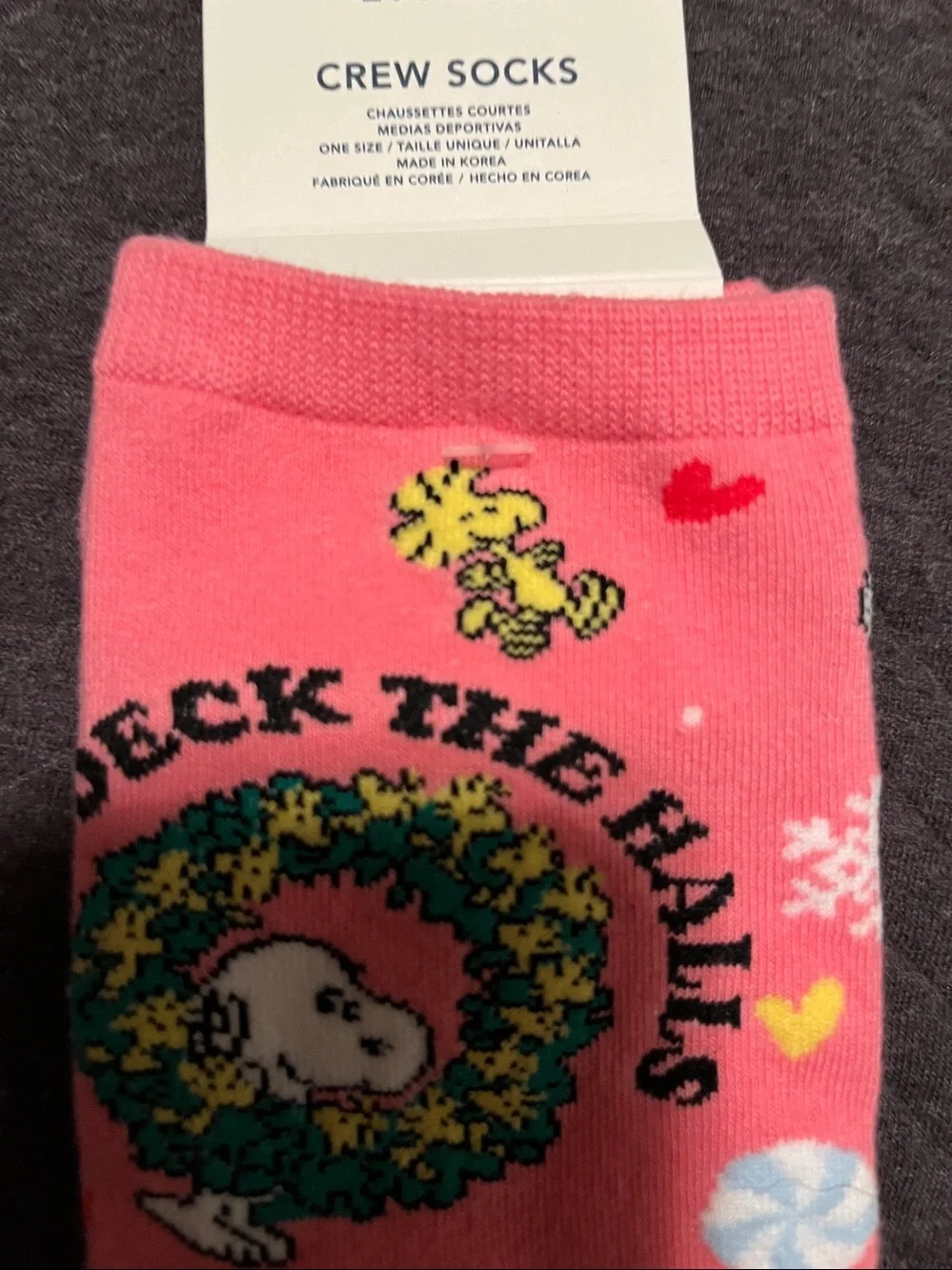 American Eagle Pink Snoopy Holiday 'Deck The Halls' Crew Socks